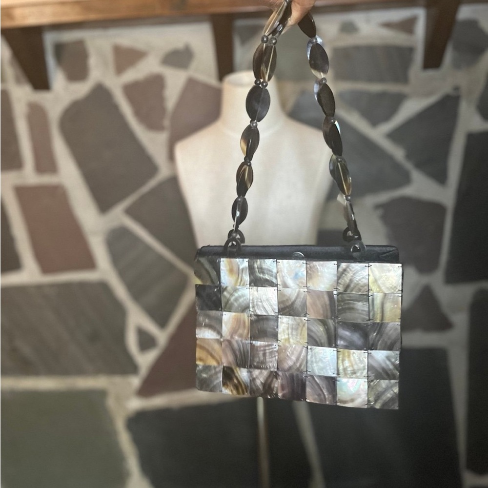 Black and Gray Structured Shoulder Bag with Metallic Chain
